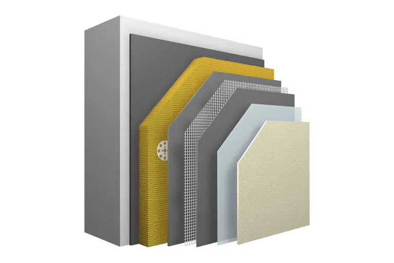 Systemaufbau des nichtbrennbaren WDVS StoTherm Mineral mit allen Schichten