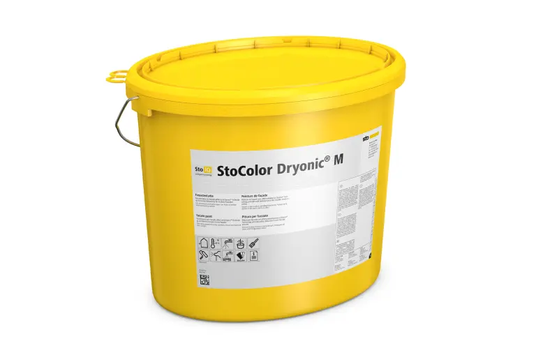 Produktbild gelber Sto-Eimer mit bionischer Fassadenfarbe StoColor Dryonic® M