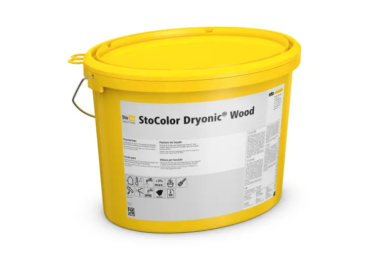 Produktbild gelber Sto-Eimer mit bionischer Fassadenfarbe StoColor Dryonic® Wood.