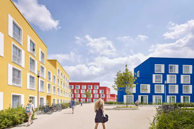 Bionnische Fassadenfarben von Sto: Fassaden Studentenwohnanlage in unterschiedlichen Farbtönen