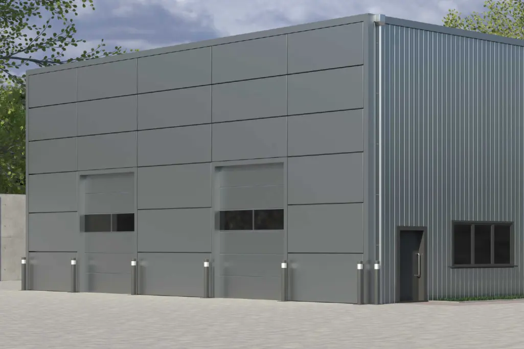 Außenaufnahme Industriehalle, Metalloberfläche, Sanierung Industriegebäude mit StoColor Dryonic® M