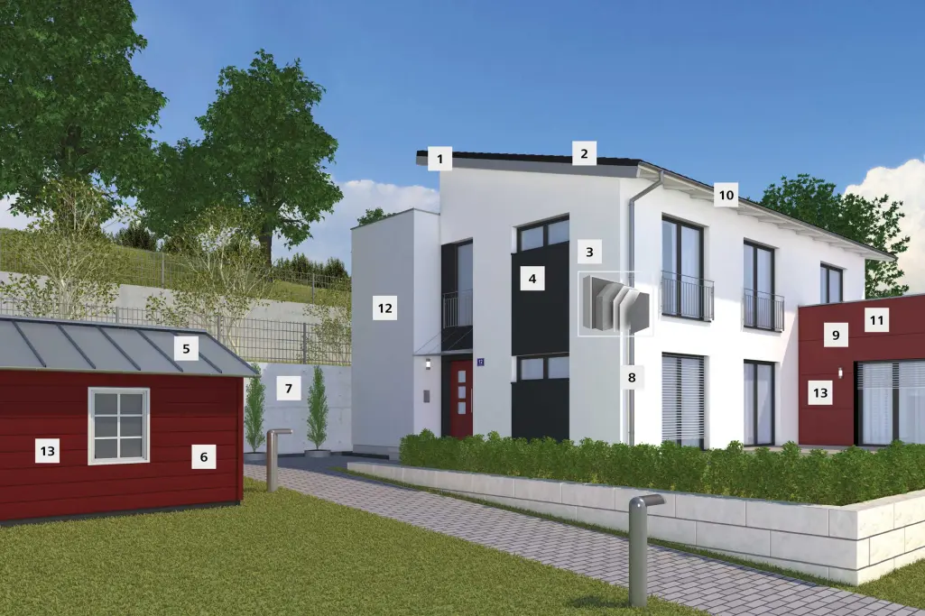 Haus mit Anwendungsfeldern von 1 - 13, an denen die Farben StoColor Dryonic eingesesetzt wurde