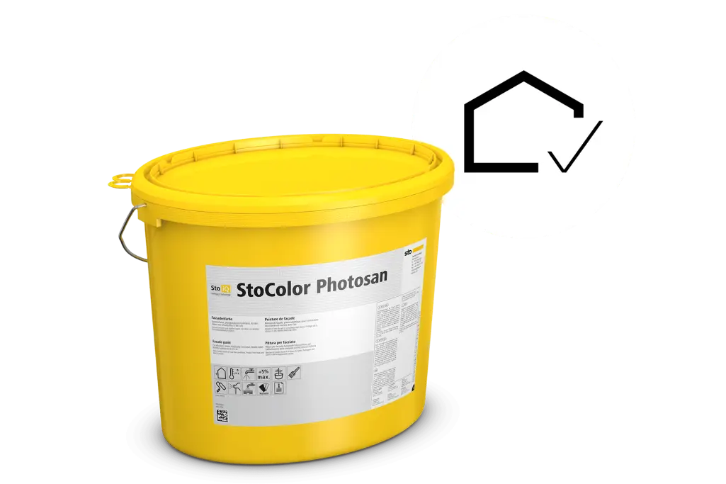 Produktbild, gelber Sto-Eimer mit Nachhaltigkeits-Piktorgramm; Fassadenfarbe StoColor Photosan