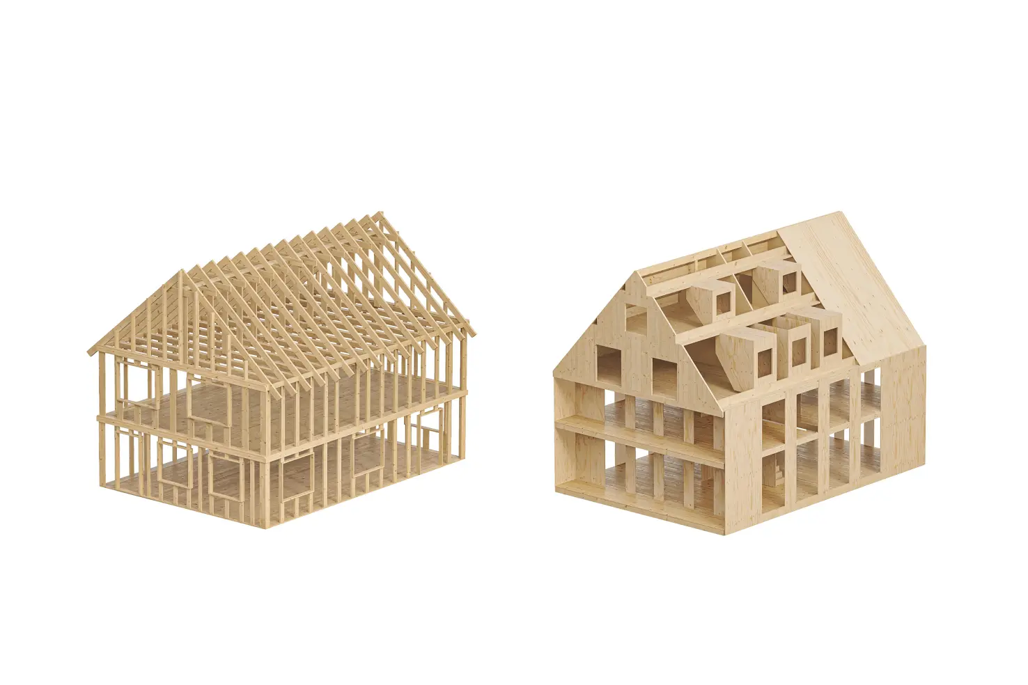 Holzbauarten: Rendering Gebäude in Holständerbauweise und Massivholzbauweise