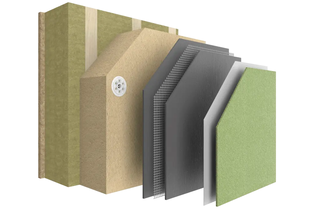 Systemaufbau StoTherm Wood im Holzbau, mit allen Ebenen für Gebäudeklasse 1 - 3