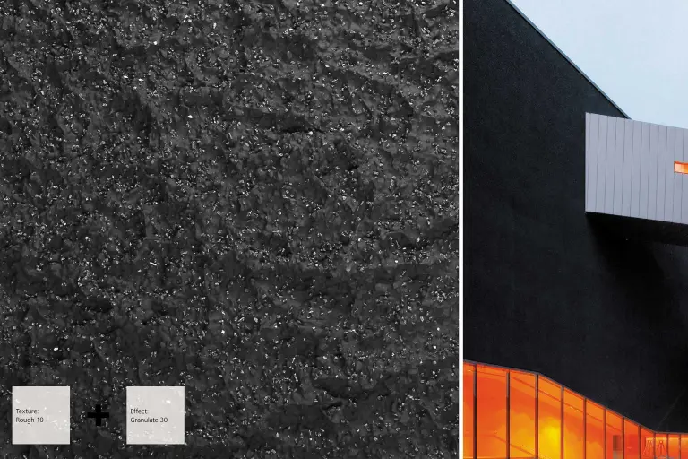 Schwarze, glitzernde Putzfassade mit Detailansicht daneben, StoSignature Putzstruktur mit Glasgranulat