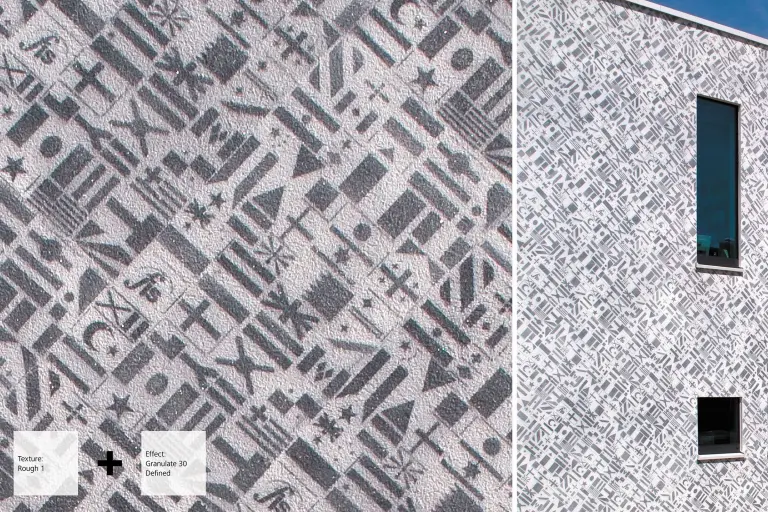 Weiß-graue Putzfassade mit Detailansicht daneben, StoSignature Putzstruktur mit Farbbeschichtung in Schablonentechnik