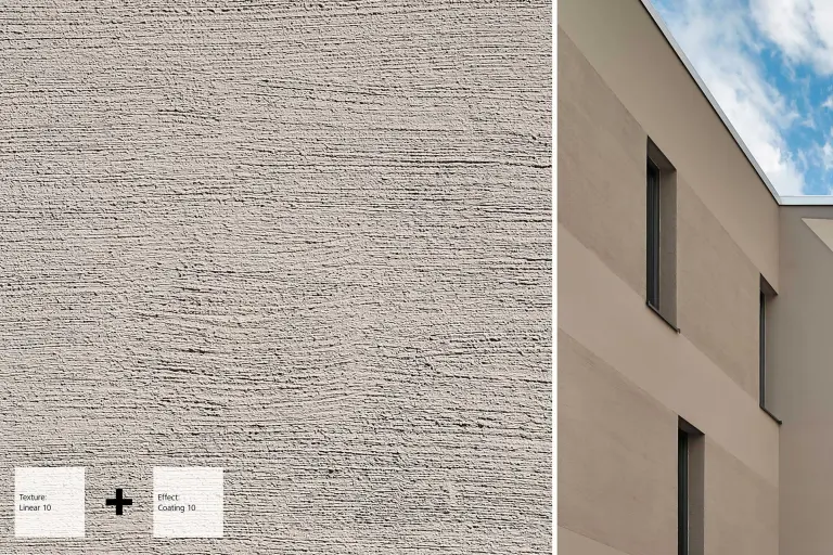 Beigefarbene, lineare Putzfassade mit Detailansicht daneben, StoSignature Putzstruktur mit Farbbeschichtung