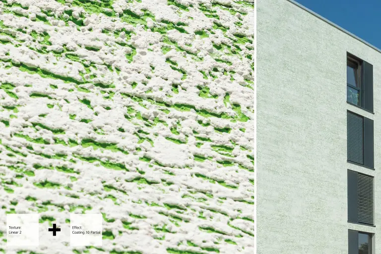 Grobe, lineare Putzfassade in Grün-weiß, mit Detailansicht daneben, StoSignature Putzstruktur mit Farbbeschichtung