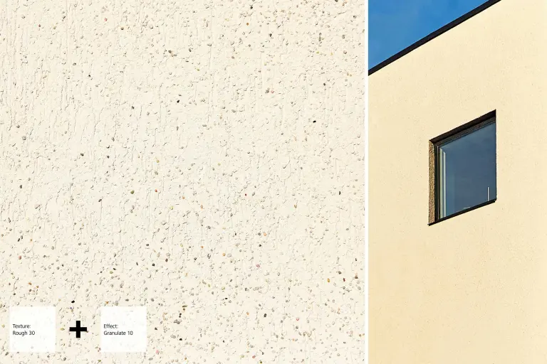 Grobe, beige-gelbe Putzfassade mit Detailansicht, StoSignature Putzstruktur mit Natursandgranulat