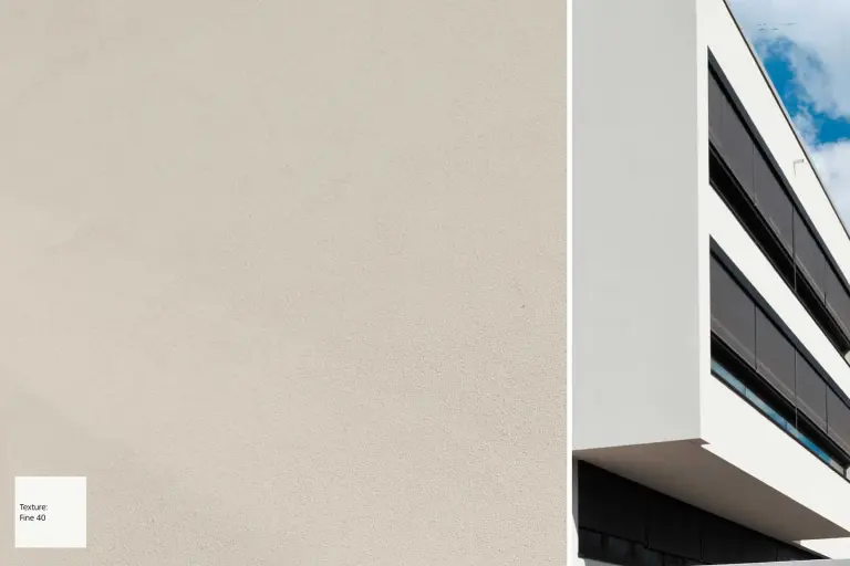 Beigefarbene Putzfassade mit Detailansicht daneben, beschichtet mit StoSignature Putztextur auf vorgehängtem hinterlüftetem Fassadensystem von Sto