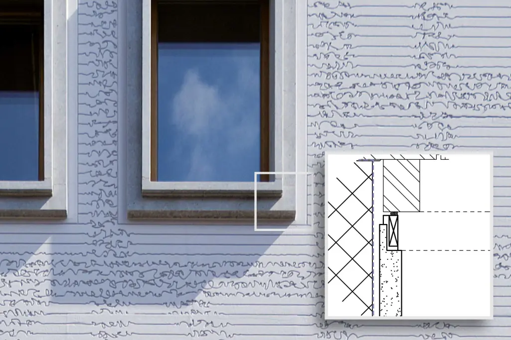 Fassade, digital gestaltet mit plastischen Fassadenlementen, Detaillösungen im Bild