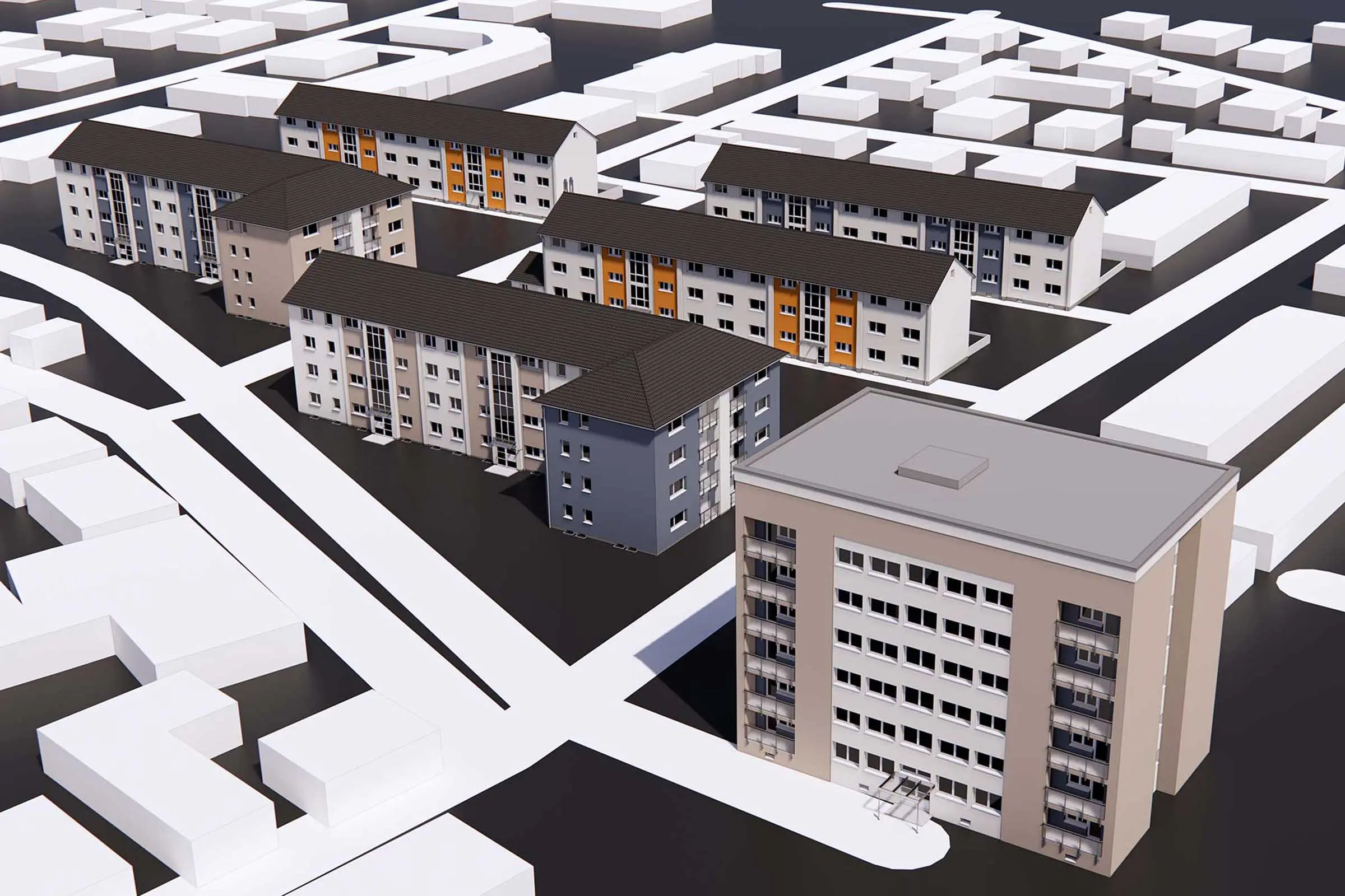 3D-Modell, Visualisierung Wohnquartier Finkenstraße Lampertheim, Deutschland