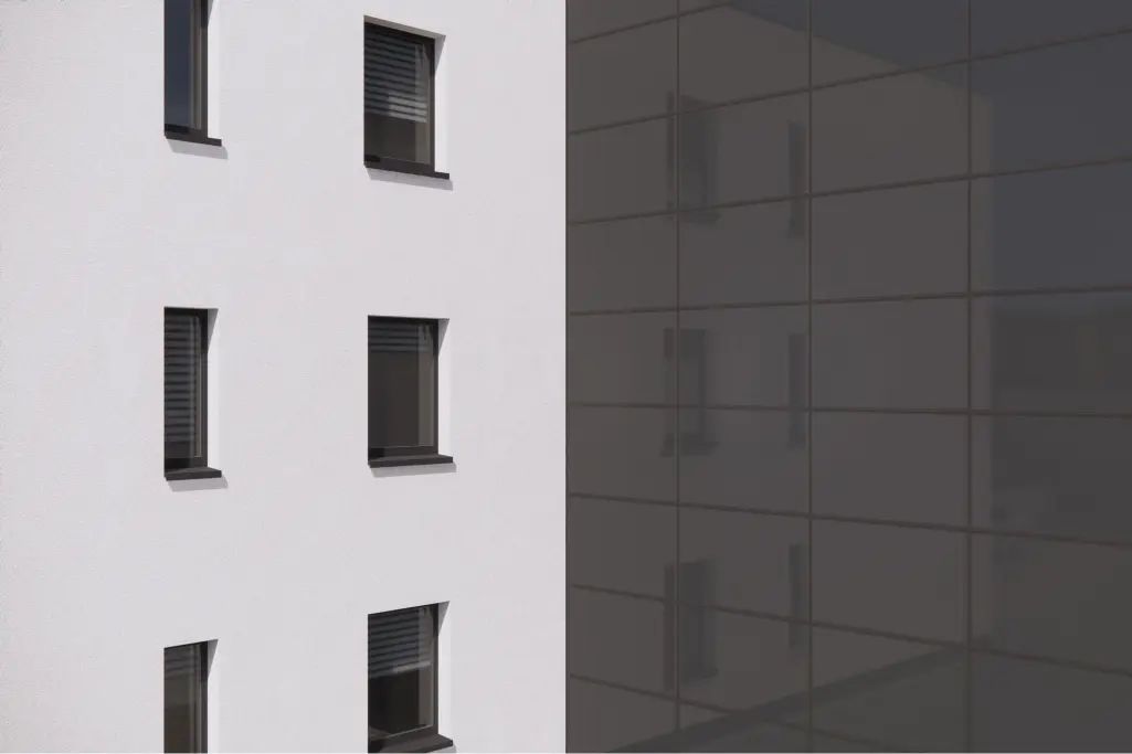 Mischfassade mit Putzoberfläche und StoVentec Photovoltaics Inlay PV-Fassadenmodulen