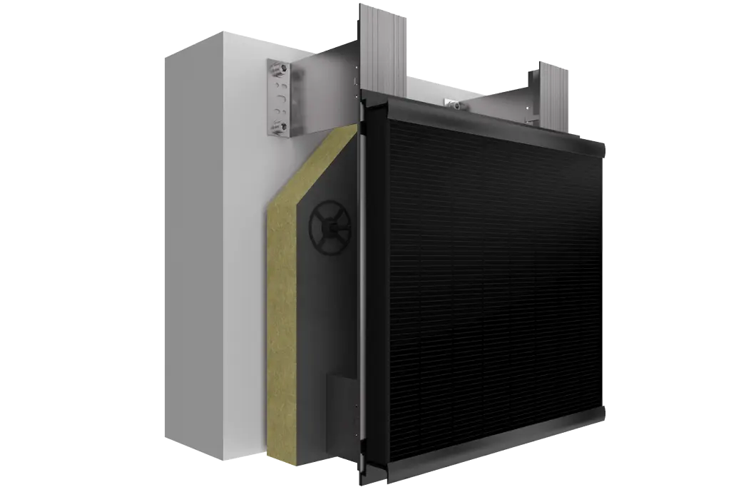 Systemaufbau PV-Fassade: StoVentec Photovoltaics Inlay, alle Schichten der Bekleidung mit PV-Modulen