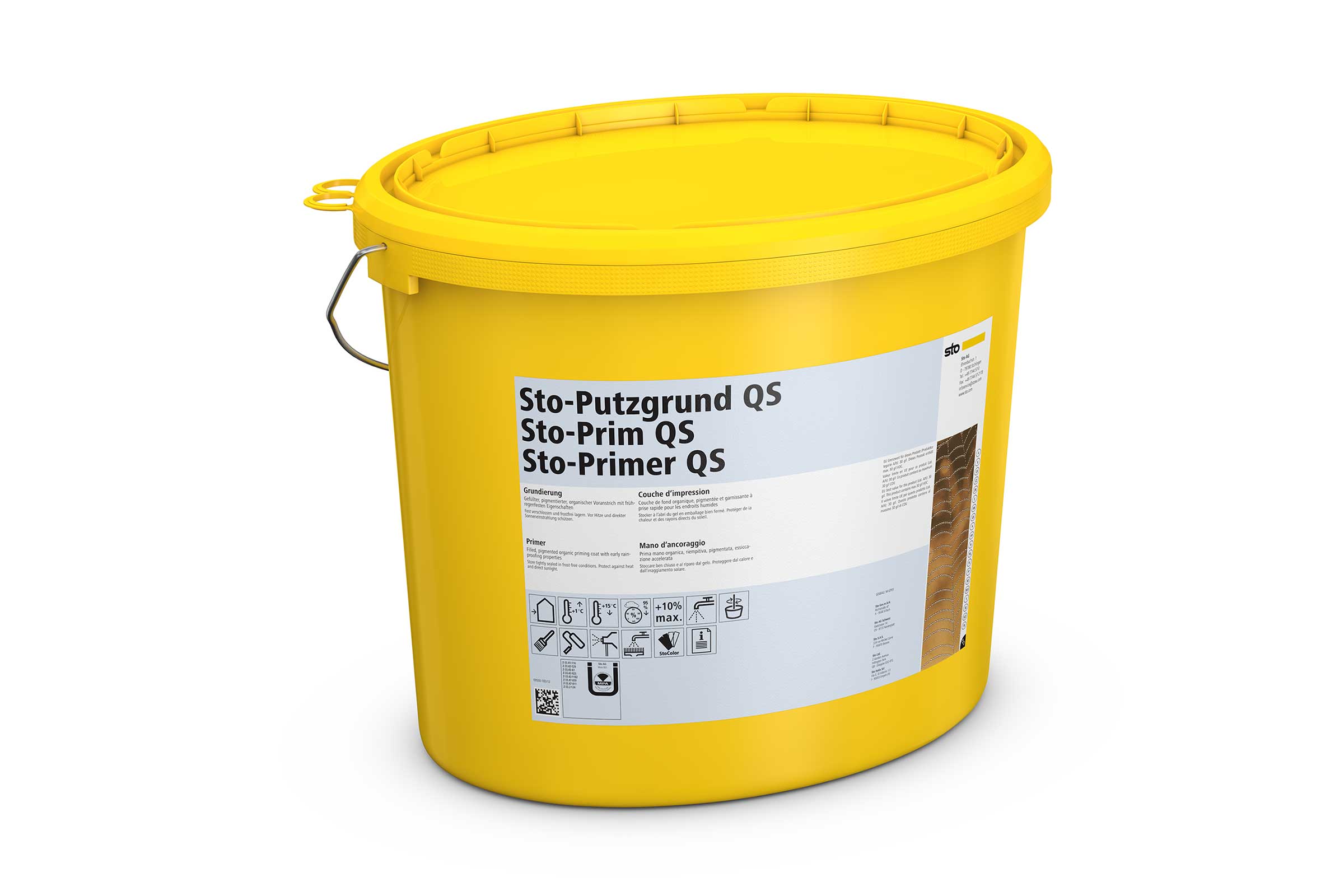 Produktbild gelber Eimer mit Sto-Putzgrund QS, Voranstrich mit frühregenfesten Eigenschaften