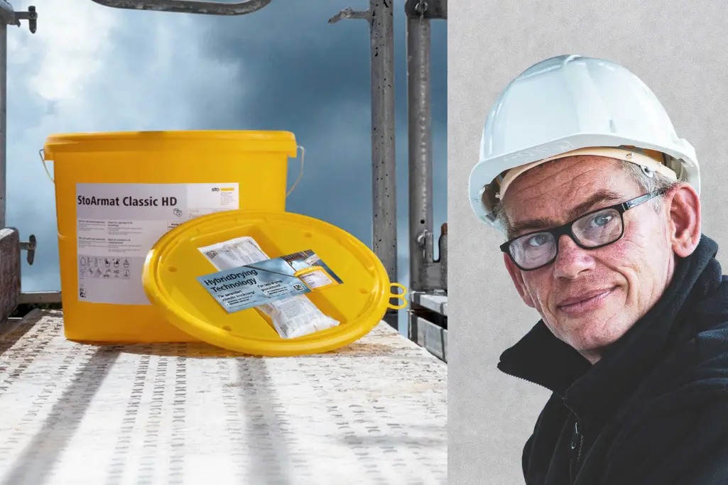 Bildkomposition: links gelber Eimer mit Unterptuz StoArmat Classic, rechts Portrait Xavier Deschamps