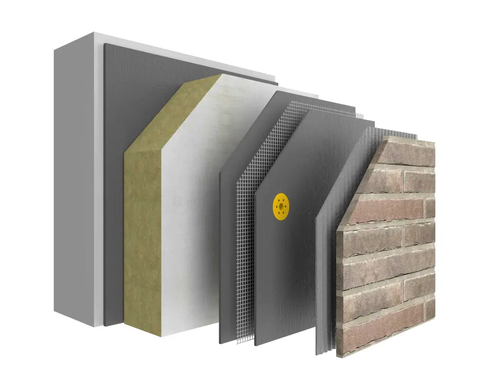 Systemaufbau WDVS StoTherm Mineral mit allen Schichten, bis zur Bekleidung mit StoBrick Klinker