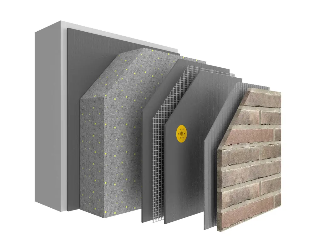 Systemaufbau WDVS StoTherm Vario, mit allen Schichten, bekleidet mit StoBrick Klinkerriemchen