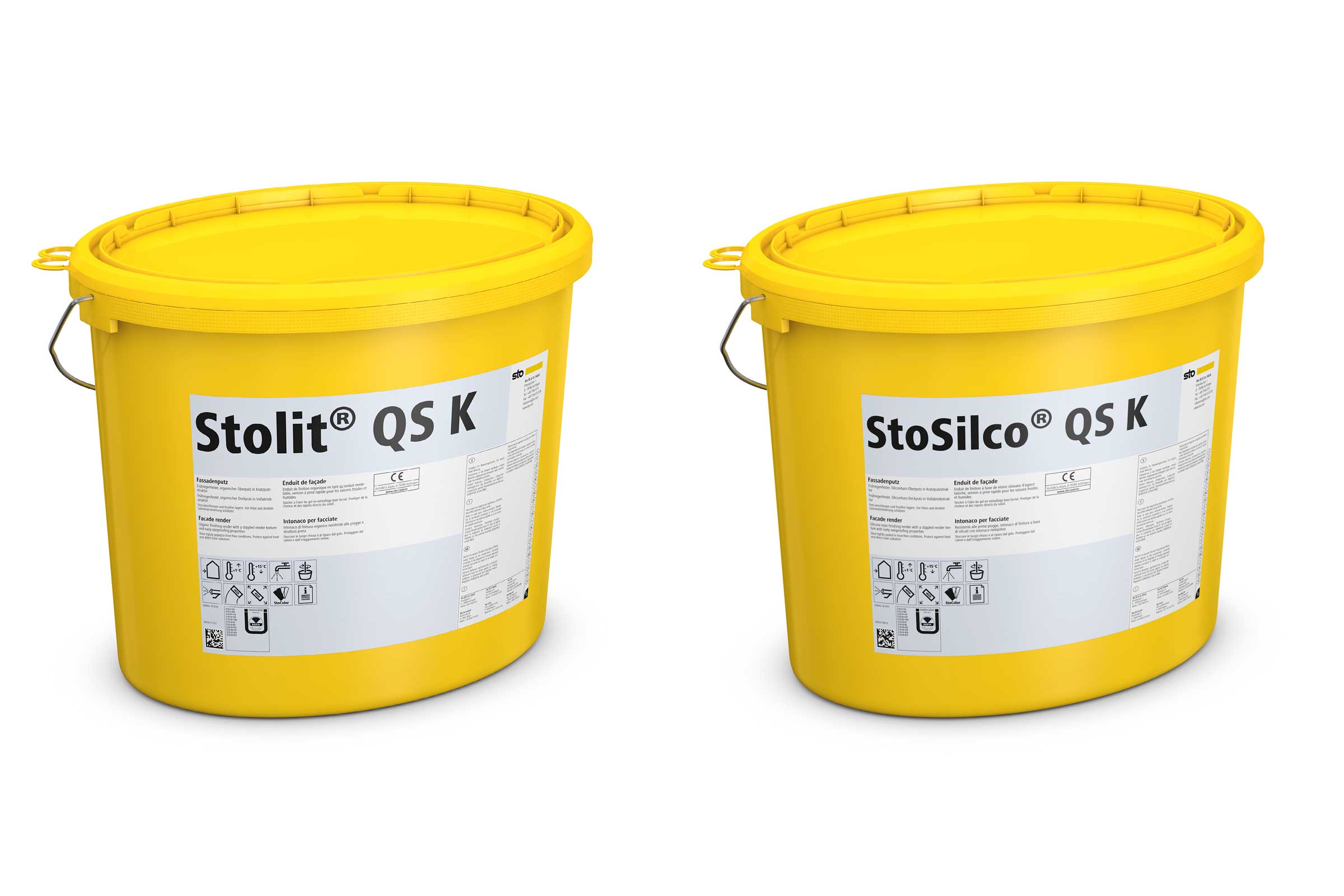 Collage: zwei gelbe Sto-Eimer mit Oberputzen StoSilco® QS und Stolit®