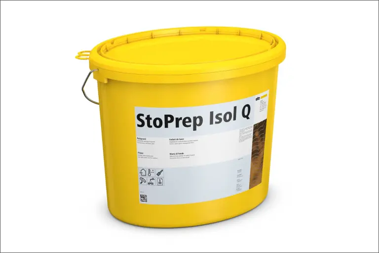 Produktbild: gelber Eimer mit frühregenfestem Putzgrund StoPrep Isol Q
