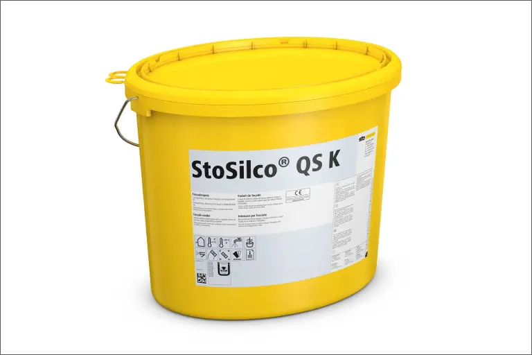 Produktbild: gelber Sto-Eimer mit frühregenfestem Siliconharz-Oberputz StoSilco® QS K/R/MP