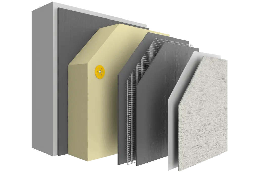 Systemaufbau des WDVS StoTherm PIR mit allen Materialebenen und einer Dämmplatte aus Polyurethan.