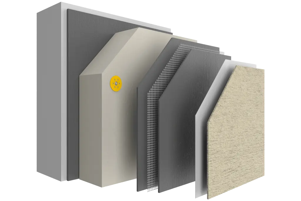 Systemaufbau WDV-System StoTherm Cell mit Dämmplatte aus Mineralschaum und allen weiteren Schichten