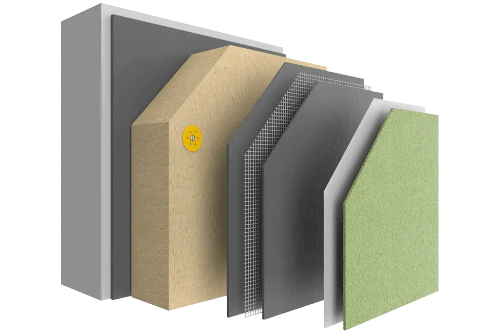 Systemaufbau Wärmedämm-Verbundsystem StoTherm Wood mit Holzfaser-Dämmplatte