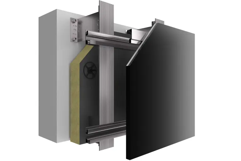 Vorgehängte hinterlüftete Fassade. Systemaufbau StoVentec Glass mit allen Schichten und Glaspaneelen als Bekleidung