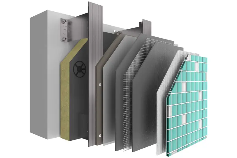 Vorgehängte hinterlüftete Fassade. Systemaufbau StoVentec M mit allen Schichten und Glasmosaik als Bekleidung