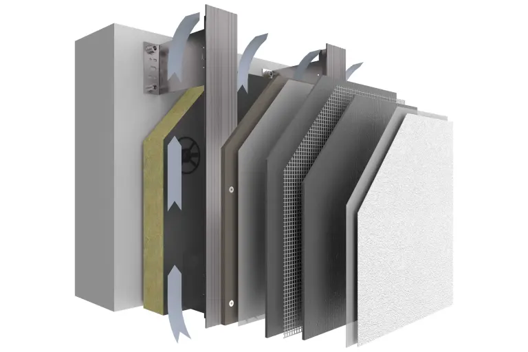 Vorgehängte hinterlüftete Fassade, Systemaufbau StoVentec R mit allen Schichten und Putzoberfläche