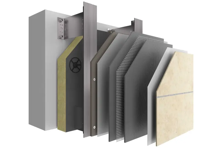 Hinterlüftete Fassade Dämmung. Systemaufbau StoVentec S mit allen Schichten und Stein als Schlussbeschichtung