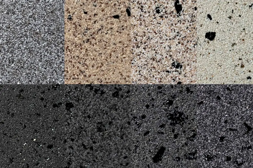 Collage: acht Buntsteinputz-Oberflächen in Hellgrau, Anthrazit und Sandfarbtönen, StoSuperlit® 