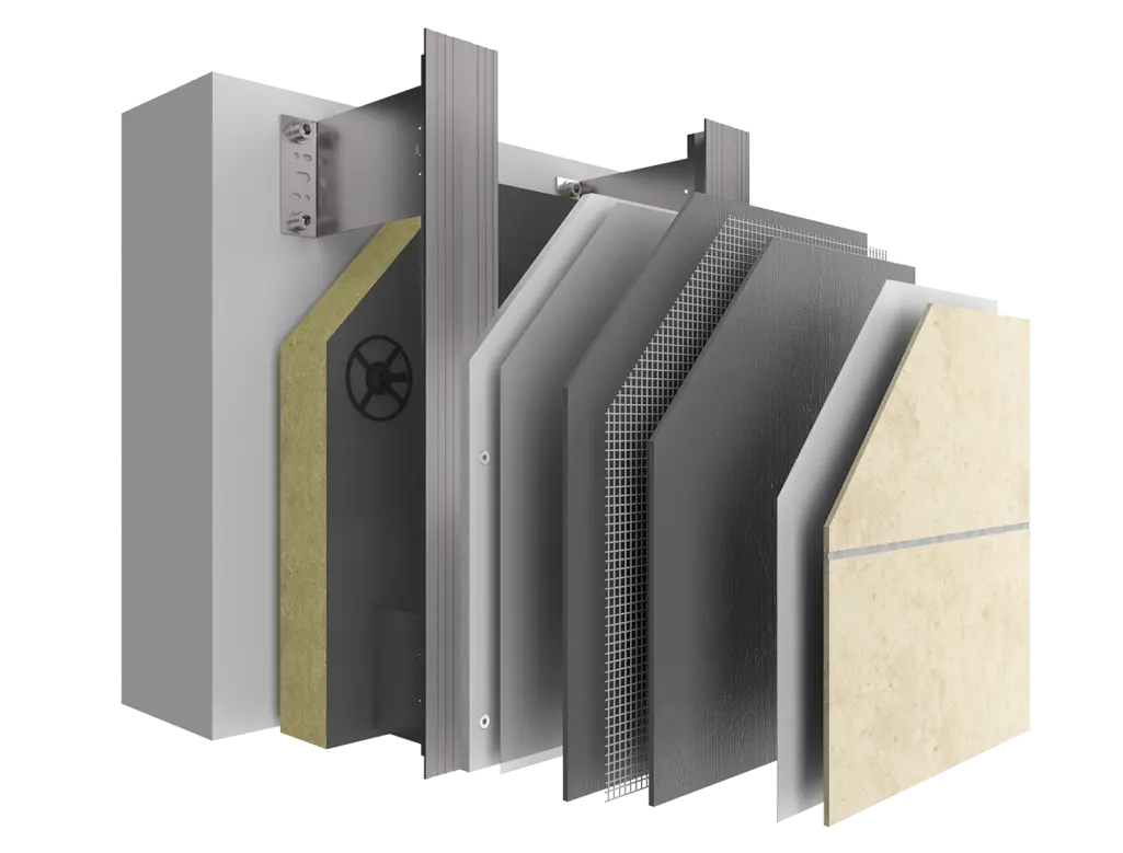 Systemaufbau VHF StoVentec S mit allen Schichten, bis zur Fassadenverkleidung mit StoStone