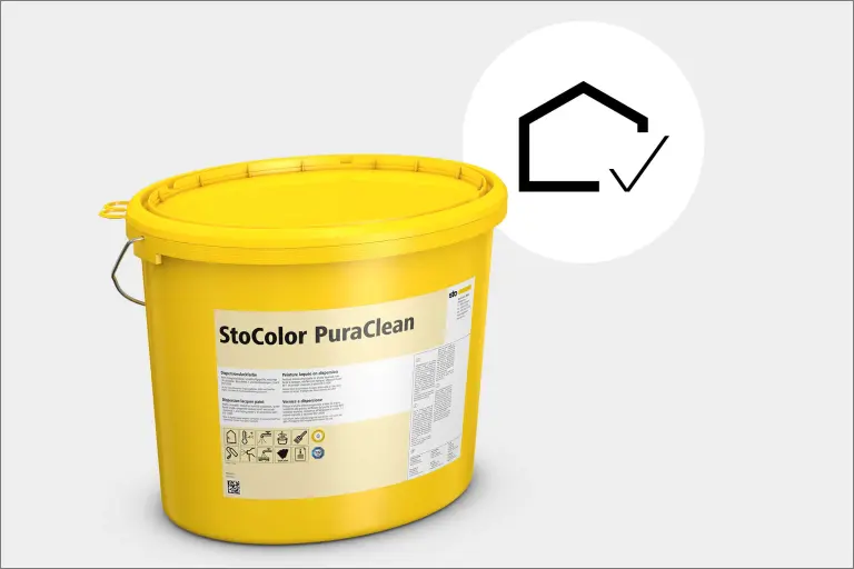 Abwaschbare Wandfarbe StoColor PuraClean, gelber Sto-Eimer mit Kompetenz-Piktogramm Funktion