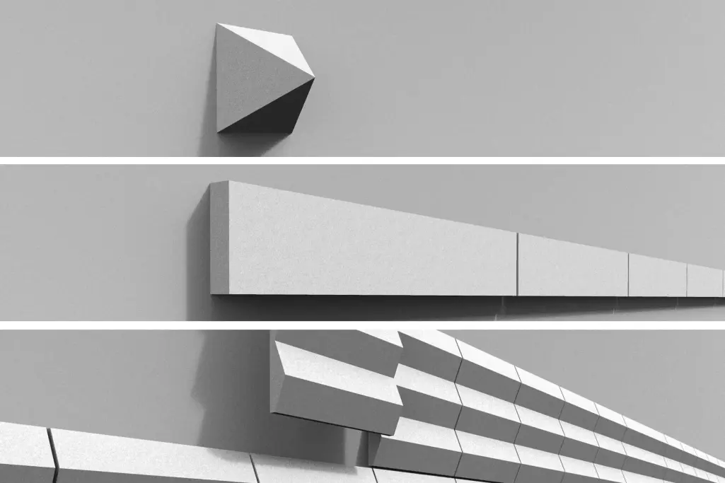 StoDeco Fassadenelement-Varianten in Grau: Körper, Leisten und Tafeln (von oben nach unten)