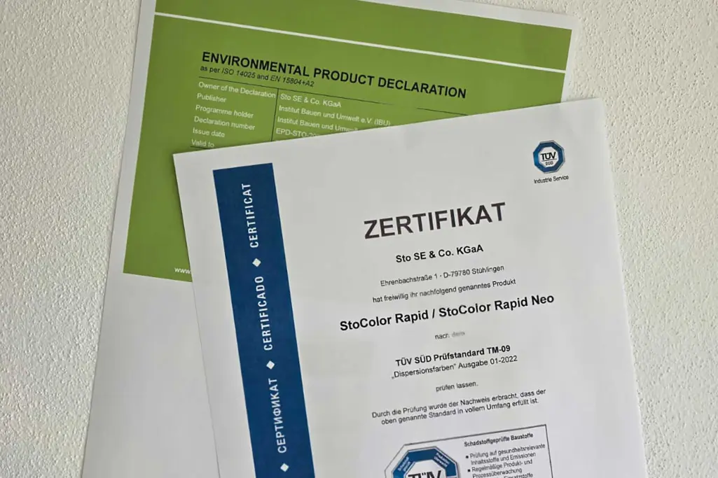 Transparente Information bei Sto: TÜV-SÜD-Zertifikat, EPD etc.