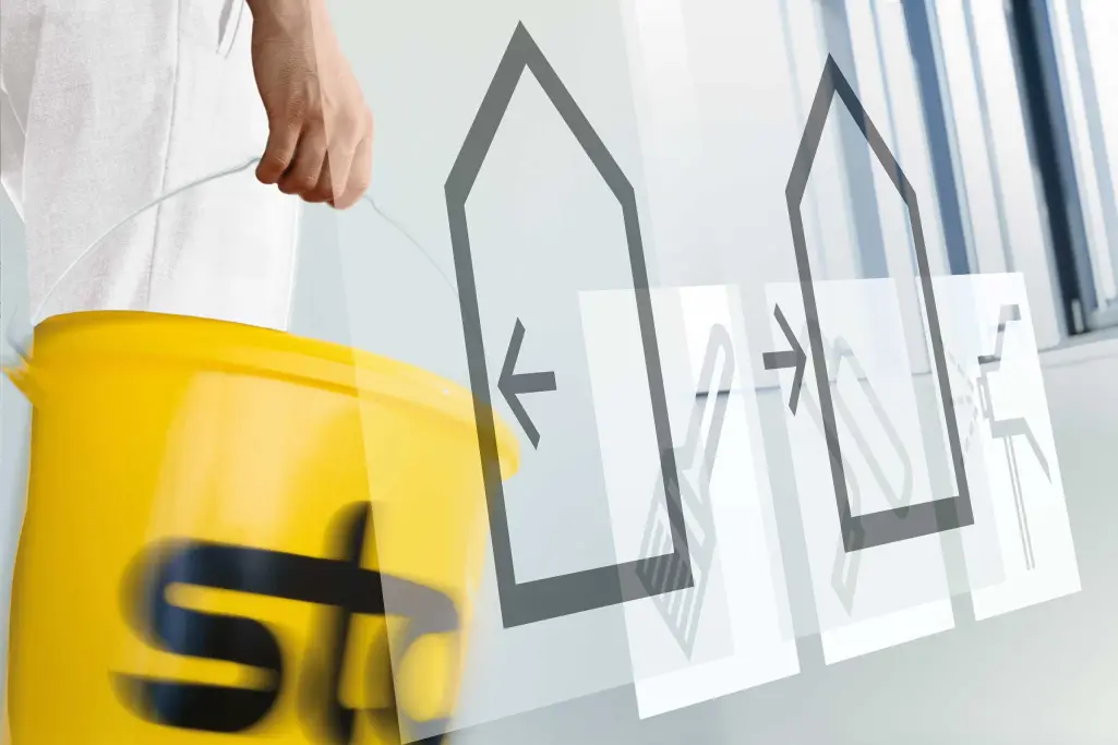 Mann, Handwerker trägt gelben Sto-Eimer in der Hand, Sto-Farbe