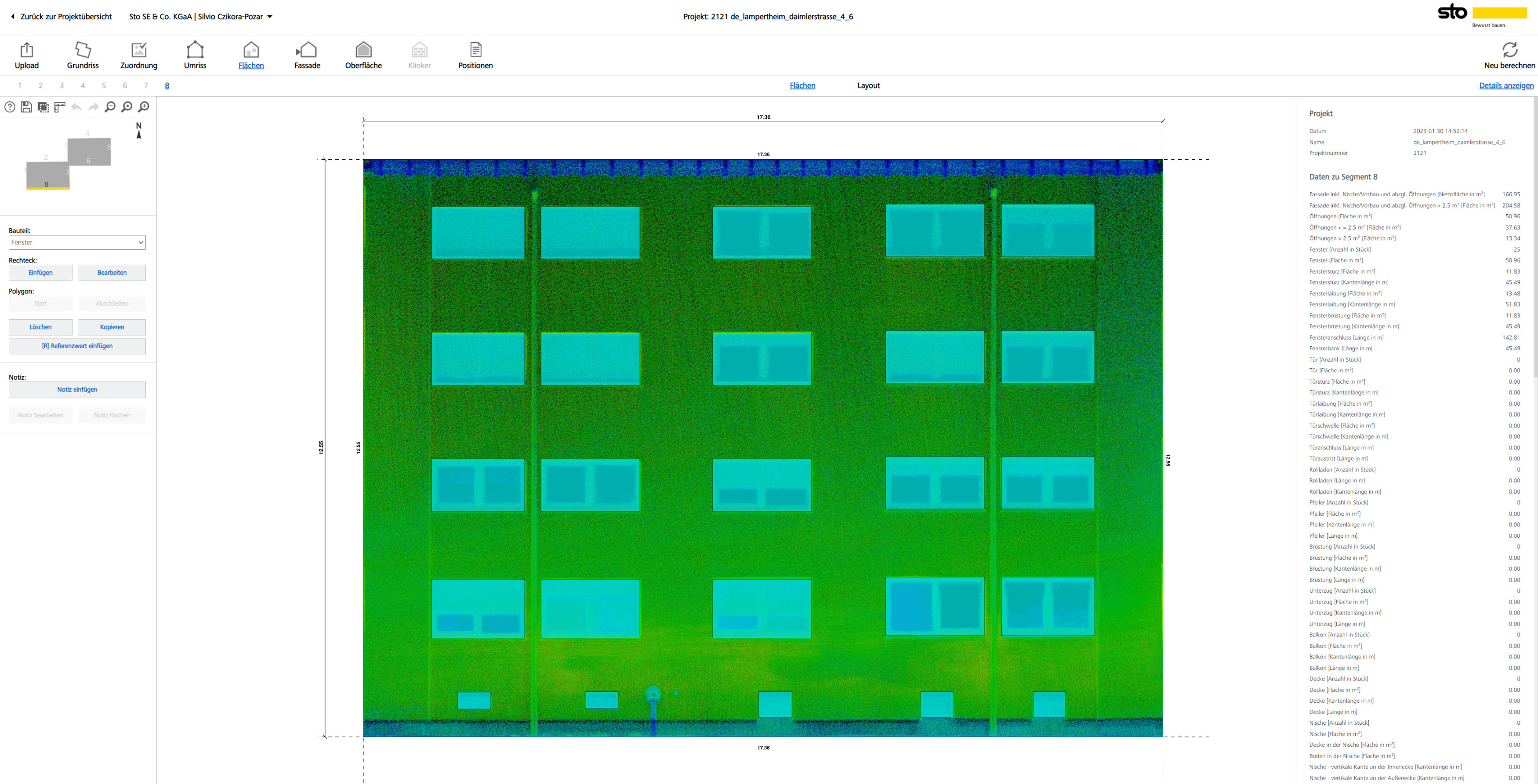 Aus der Punktwolke lassen sich 2D-Ansichten als Grundlage für Materialmengenberechnungen erstellen.