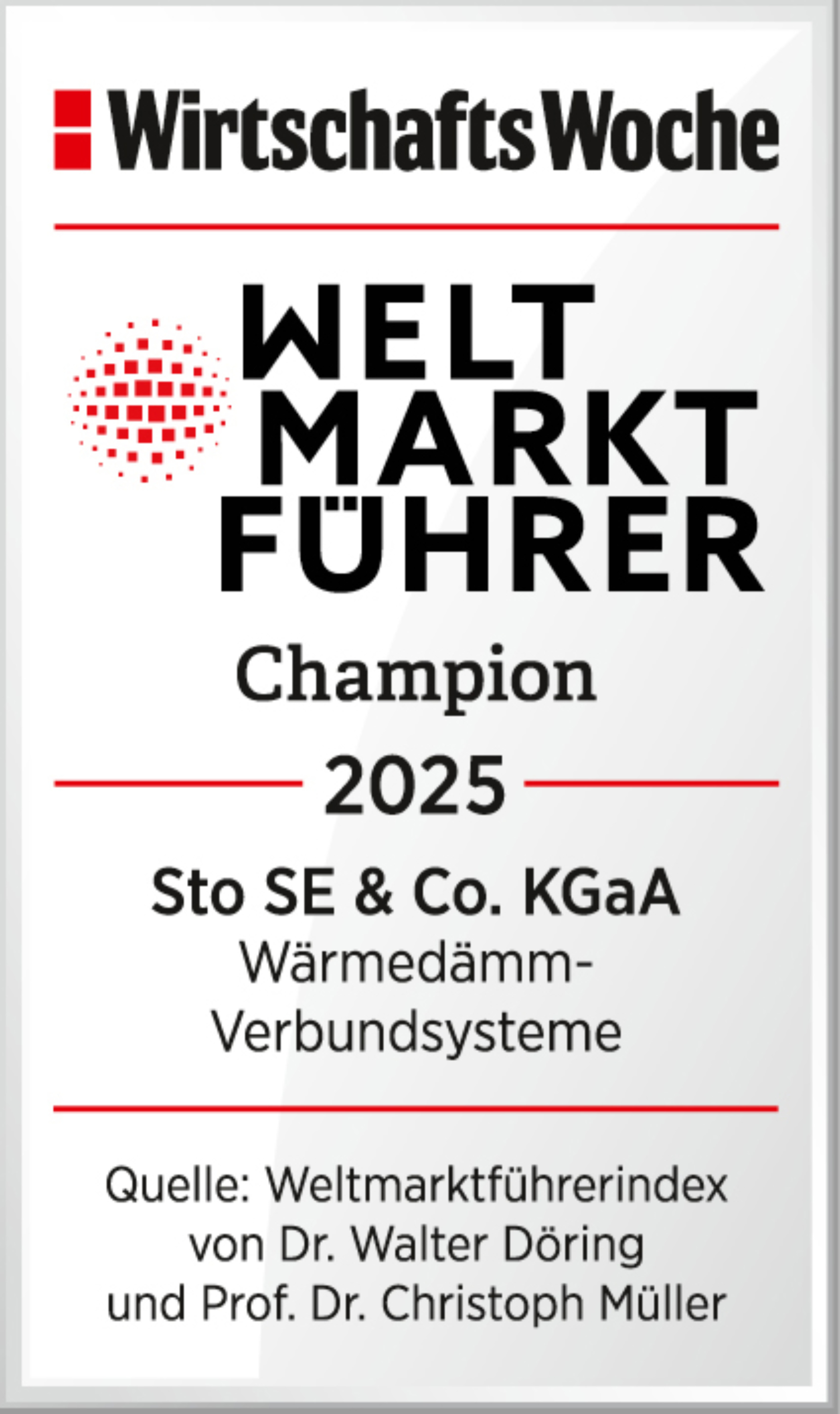 Siegel der Wirtschaftswoche für den Weltmarktführer WDVS 2025, die Sto SE &Co. KGaA.  