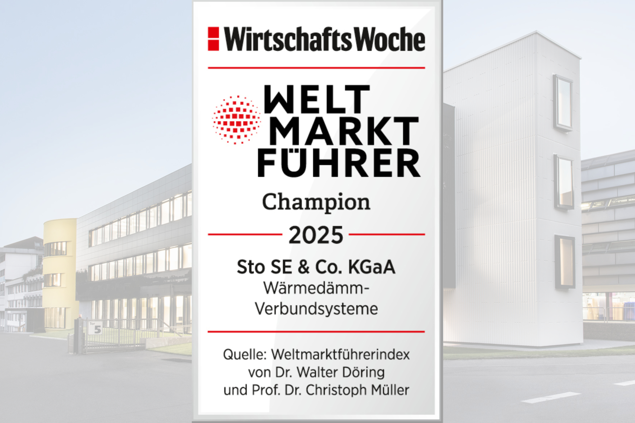 Siegel der Wirtschaftswoche für den Weltmarktführer WDVS 2025, die Sto SE &Co. KGaA. Bild: Wirtschaf