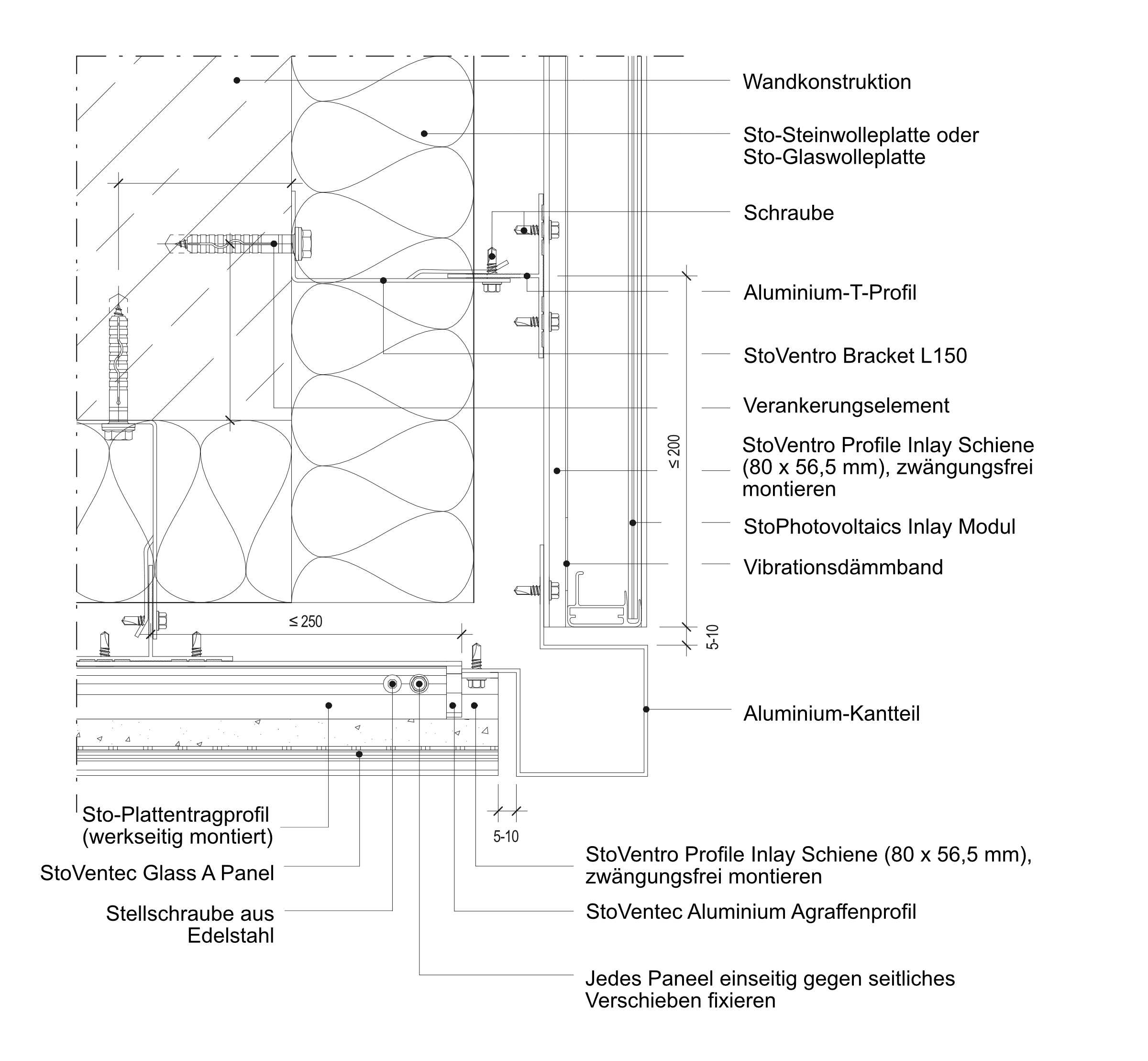 Technische Zeichnung einer Eckausbildung mit Aluminium-Vierkant-Profil.
