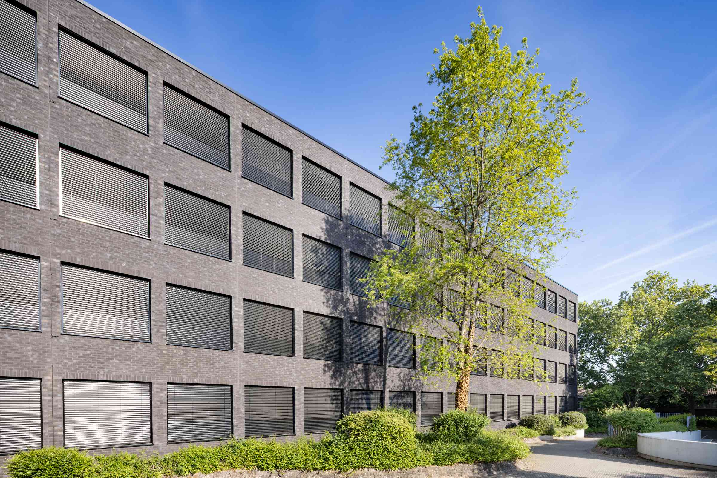 Gebäudeaufnahme, Architekturbild mit sanierter Fassade des Technischen Schulzentrums Heilbronn 