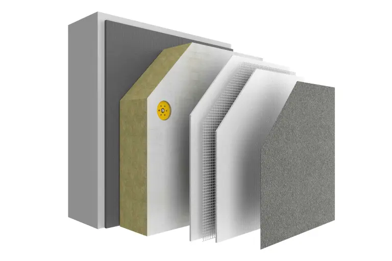 Systemaufbau des WDVS StoTherm Classic® S1, vom Kleber über die Dämmung bis zur Schlussbeschichtung