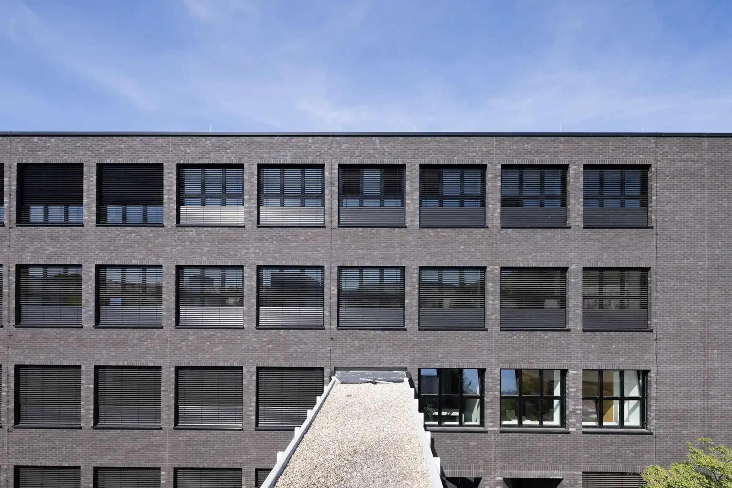 Aufnahme eines Schulgebäudes, gestaltet mit dunkelgrauen Klinkerriemchen StoBrick