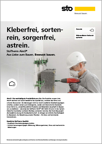 Titelbild: Kleberfrei, sortenrein, sorgenfrei, astrein. StoTherm AimS® Aus Liebe zum Bauen. Bewusst bauen.