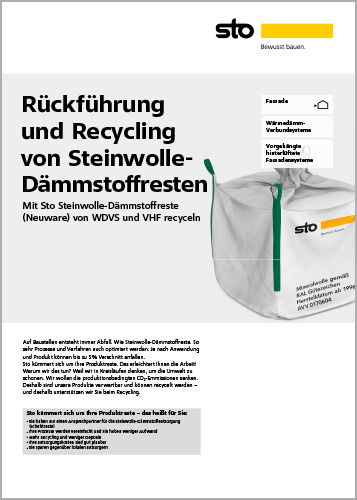 Titelbild: Rückführung und Recycling von Steinwolle-Dämmstoffresten Mit Sto bewusst und umweltgerecht Steinwolle-Dämmstoffreste (Neuware) von WDVS und VHF recyceln