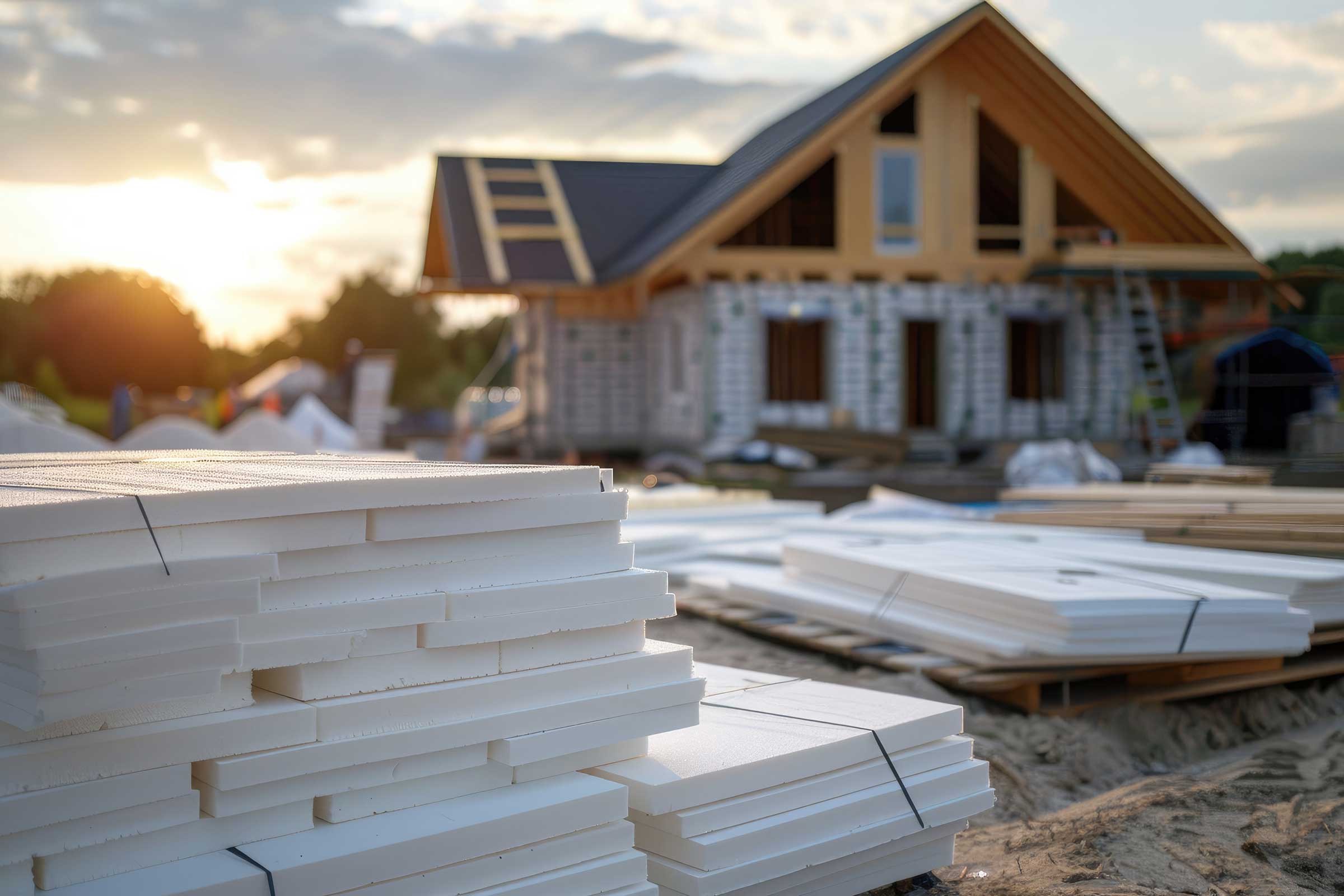 Sto Konstruktionslösungen für Fassaden. Baustelle mit Dämmplatten, im Hintergrund Holzbau