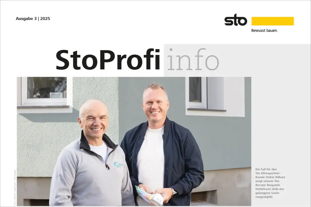 Titelseite der Kundenzeitung StoProfi Info: Sto-Kunde mit Sto-Verkaufsberater